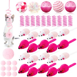 Gemscream 46 Pcs Cat Toys Set Interactive Cute Cat Toys Include Fur Mice Rattle Springs Crinkle Balls Pompom Bell Sisal Ball Puzzle Chase Toys for Kitten Indoor Stuff Gift(Pink)