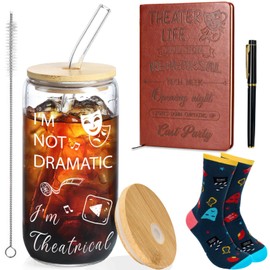 Bafeil 4 Pcs Broadway Theatre Gift Set - 16oz Glass Cup, Leather Notebook, Pen & Socks, Christmas Thanksgiving Back to School Gift for for Women Actors, Directors, Drama Teachers Students