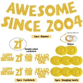 21st Birthday Banner Decorations Gold - Awesome Since 2004 Glitter Banners and Hanging Swirls, Happy 21st Birthday Party Decoration for Her and Him