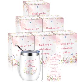 6 Set Baby Shower Gifts for Game Prizes 12 oz Insulated Stainless Steel Tumbler Cup with Lids,Straws,Cleaning Brush,Cards & Gift Boxes Return Gifts for Guests Wedding Favors(Pink,Wildflowers)