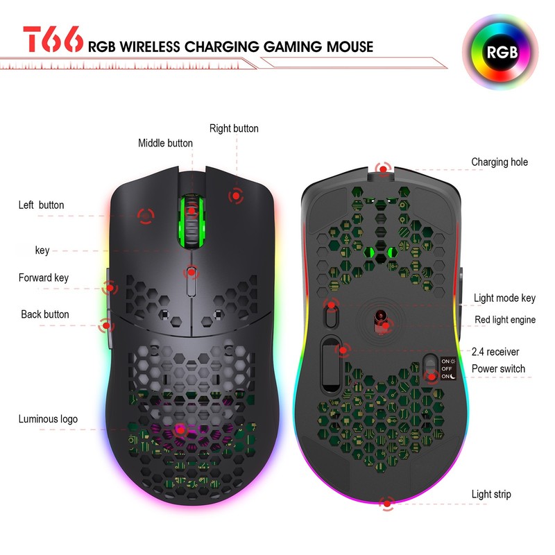 HXSJ T66 RGB 2.4G Wireless Gaming Mouse RGB Lighting Charging