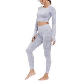 SweatyShark Women's Workout Outfit Set Active 2 Pieces Camo Seamless Yoga Leggings with Long Sleeves Crop Top Light Gray
