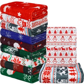 Preboun 9 Pcs Christmas Throw Blankets Bulk Soft Fleece Blanket Reindeer Santa Snowman Snowflake Plaid Holiday Printed Xmas Flannel Blanket for Winter Bedding, Couch and Gifts 50" x 60"(Classic)