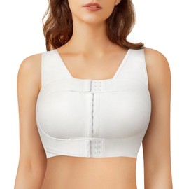 Junlan Post Surgery Sports Bra Front Closure Compression Bra for Women Mastectomy with Removable Breast Support Band (White,L)