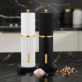 Juego de molinillo de sal y pimienta de madera, molinillo manual de sal y pimienta de 8 pulgadas con bandeja, grosor ajustable y molinillos de madera recargables con etiqueta de botella dorada