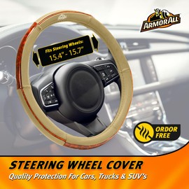 Armor All 15 Inch Faux Leather & Wood Trim Steering Wheel Cover - Universal Fit, for All Vehicles, Extra Comfort & Grip (Tan)