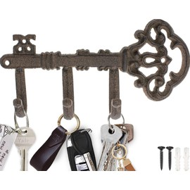 Comfify Decorative Skeleton Key Hook – Wall Mounted Cast Iron with 3 Hooks – Vintage Rustic Style – 7.7" x 4.5" – Includes Screws and Anchors
