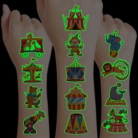 96PCS Carnival Circus Clown Pre-Cut Temporary Tattoos for Kids | Super Cute Themed Birthday Party Favors, Supplies, Decorations, Animal Fake Tattoo Stickers (Luminous)