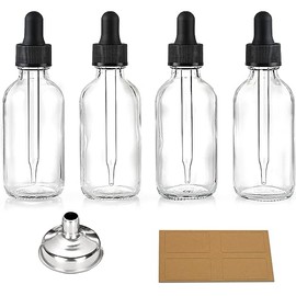 4 piezas, botellas cuentagotas transparentes de 2 oz con 1 embudo de acero inoxidable y 4 etiquetas - Tapones negros, botellas de vidrio grueso de 60 