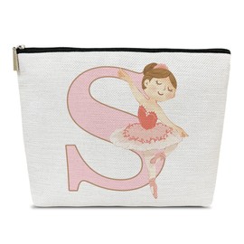 Ythuil Ballet Initial Makeup Bag Gift For Daughter, Adorable Sister Dance Recital Gifts for Dancer, Dancing Teammate, Women, Big Sister, Girl, Inspirational Dance Competition Stuff, Letter S