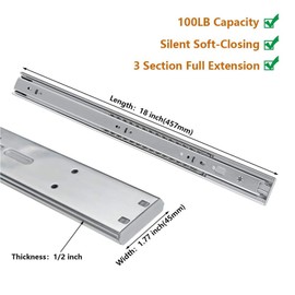 LONTAN 18 inch Heavy Duty Soft Close Drawer Slides 1 Pair Full Extension Ball Bearing Drawer Glides Side Mount Cabinet Rails with Rear Mounting Brackets 100lb Capacity