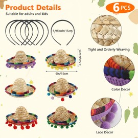 MEKOTRIN Party Hat Hairband, Cute Holiday Hair Band Straw Sombrero Headband, Decorative Hat Hair Hoop (6 pcs)
