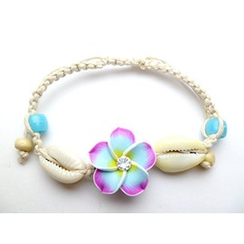Aloha Passion Hand Made Polymer Clay Plumeria Flower w/CZ Cubic Zirconia & Cowry Cowrie Shell on Hemp Adjustable Bracelet/Anklet (Pink and Blue)