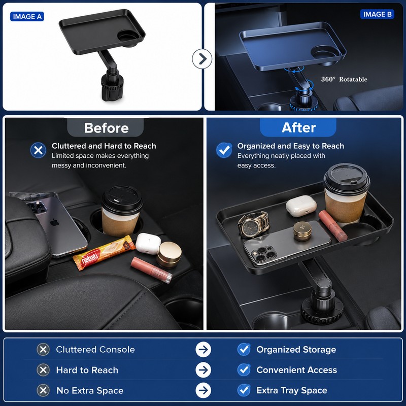 360° Rotating Car Cup Holder Tray for Storage – Universal