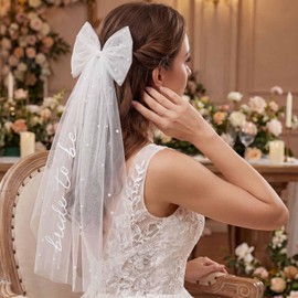 Woeoe Bride to Be Bow Veil White Wedding Hair Bow Clip with Pearl Bridal Bachelorette Party for Women