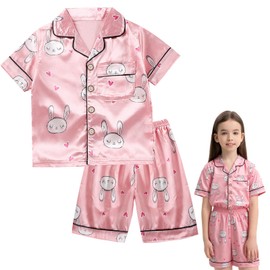 WUDEUI Kids Silk Pyjamas Girls Boys, Satin Shorts Sleeve Pjs Nightwear Set, Button-Down Silky Children Sleepwear for Age 4-12 Pink