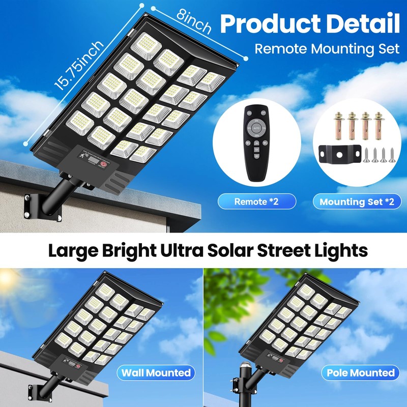 2 Pack 16" Large Solar Street Lights Outdoor Waterproof -