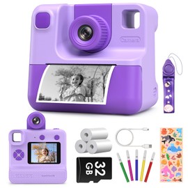 Kids Camera Instant Print, Christmas Birthday Gifts for Toddle Girls Boys Age 3-12, 24MP & 1080P Video Selfie Digital Camera with 3 Roll No-Ink Print Paper 32G SD Card - Purple
