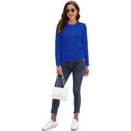 Suéter clásico de punto sólido con cuello redondo y botones para mujer, Azul, XX-Large