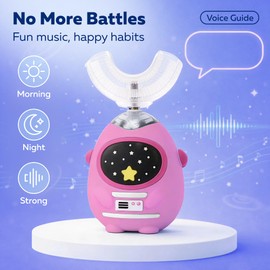 FanHwaDaiMung Kids U-Shaped Electric Toothbrush, Voice Guidance & Music Guided Brushing, 4 Brush Heads, 3 Modes, 360° Gentle Silicone, Type-C Charging, for Ages 3-12 (Power Pink)