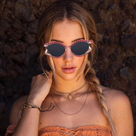 Woeoe Bling Sunglasses for Women Cat Eye Sun Glasses Rhinestone Glasses Oversized Diamond Crystal Sunglasses Vintage (red)