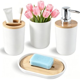 Juego de 4 Accesorios de Baño Moderno，Accesorios De Baño Dispensador de Jabón, Porta Cepillos y Vaso, Diseño Elegante y Funcional，decoración Moderna para baños(4, Blanco)