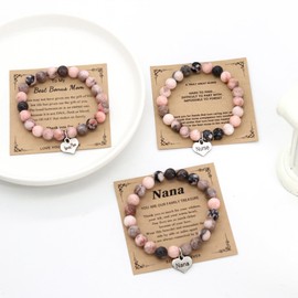 HMOOY Inspirational Natural Stone Beaded Bracelet Gifts for Women, Pink 8mm Round Sweet Love Charm Bracelet Birthday Jewelry Gifts for Women Mom Daughter Grandma Friend Sister (Bonus Mom)