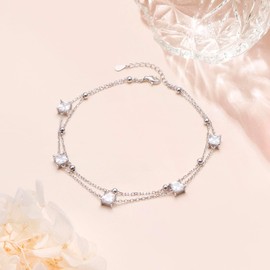 HOOHWE Ankle Bracelets For Women Sterling Silver Square Shape Zirzon Anklet Simple Cubic Zirconia Anklets Double layered Ankle Bracelet Jewelry Beach Anklet Gift for Women Teens Girls