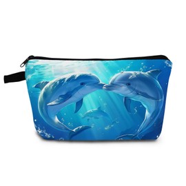 YULUENZE Dolphin Gift Blue Dolphin Makeup Bag Cute Small Organizer Bag with Zipper Lovely Dolphins Cosmetic Bag Birthday Gifts for Dolphin Lovers Women Sisters Friends, hzz14604, Printed Makeup Bag