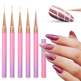 WOKOTO 5 Pcs Nail Art Brushes Set Pink Purple Gradient Nail Art Liner Brushes For Nails 6/9/12/15/18mm Thin Nail Art Design Brush With Cap Nail Polish Brush For Gel Nails French Tip Painting Tool