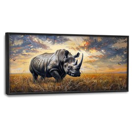 Rhino Large Framed Wall Art Rustic Cool Wild Animal Rhinoceros Pictures Sunset Field Landscape Wall Decor Canvas Print Painting Artwork for Bathroom Living Room Bedroom 60L"x30W"