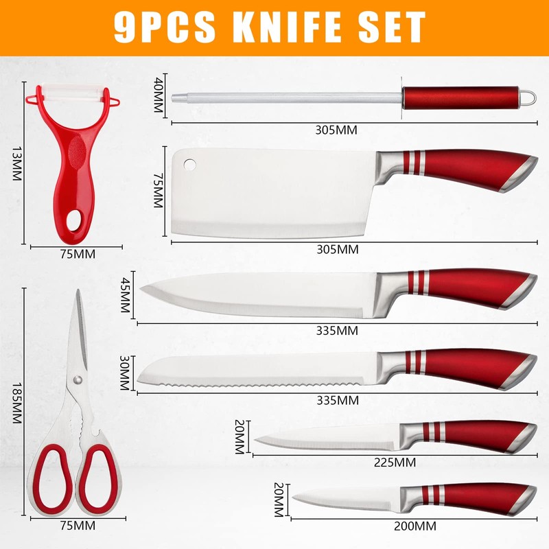 Kitchen Knife Set, 9-Piece Red Knife Set with Acrylic Block,