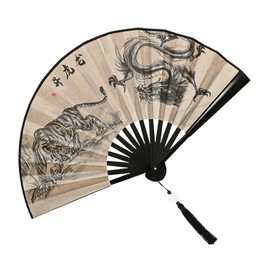 Folding Hand Fan,Handheld Foldable Vintage Black Chinese Japanese Style Fan with Tassels for Dance Music Festival Party (Loong & Tiger)