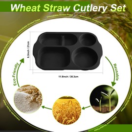 Vesici 8 Pcs Large 12 Inch Unbreakable Divided Plates for Kids Adults - Wheat Straw Tray - Microwave Dishwasher Safe - Reusable Plastic Compartment Plates(Black, Dark Gray, Blue, Beige)
