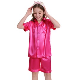 Ammiko Pajamas Satin Pajama Set Silk Pjs Button-Up Top and Short Soft Sleeve Sleepwear Nightwear for Women Rose 130S