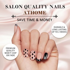 French Tip Press on Nails, Short Square Medium Fake Nails with Nail Glue, Reusable Soft Gel Stick On Nails for Women Girls Gift, 24PC Cute Heart Pattern Glue On Nails Kit