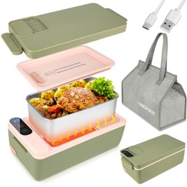 Suteng Cordless Electric Lunch Box, Cordless Food Warmer, Battery Powered Heated Lunch Box, 1L 304 Stainless Steel Container, Warming Time Selectable, HD Display (Green)