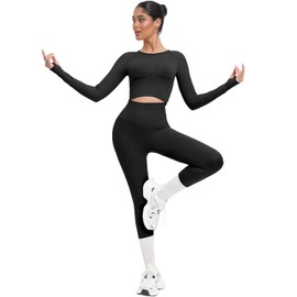 Long Sleeve Workout Tops for Women Sport Yoga Fitness Crop Shirts Fitted Round Neck Stretchy Compression Top Black