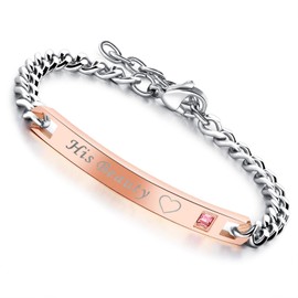 Flongo One Pair of Stainless Steel Bracelets with Zirconia Text Engraving, Love Vows, Rose Gold and Black Partner Bracelets, Love Jewellery, Gifts for Valentine's Day, Birthdays, Anniversaries, Cubic