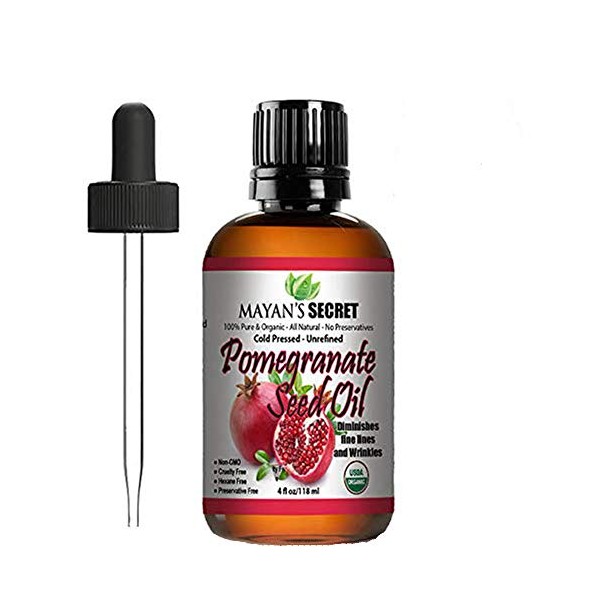 Mayan's Secret USDA Certified Organic Pomegranate Seed Oil for Skin Repair -Large 4oz Glass Bottle Cold Pressed and Pure Rejuvenating Oil for Skin, Hair and Nails