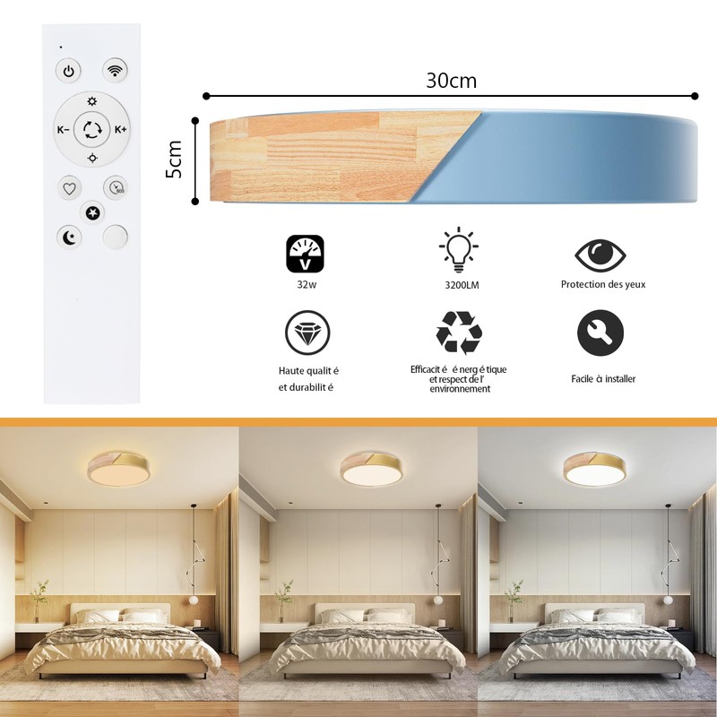 Yexati Ceiling Light Wood,Dimmable Ceiling 3000K-6000K,Remote Controlled Led Ceiling Light,24W