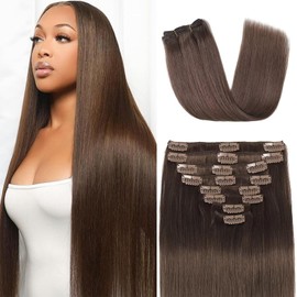 Clip in Hair Extensions Real Human Hair Clip in Extensions for Women Seamless Invisible Chocolate Brown Natural Remy 100% Human Clips ins Extension 8pcs Double Weft 20 inch 3.7oz/105g