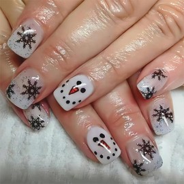 Mkwntg Christmas Snowflake Press on Nails Short Square Fake Nails with Black Snowflake Design Glossy White French Glitter Glue on Nails Cute Snowmen Face Acrylic Artificial Nails for Women Girls 24Pcs