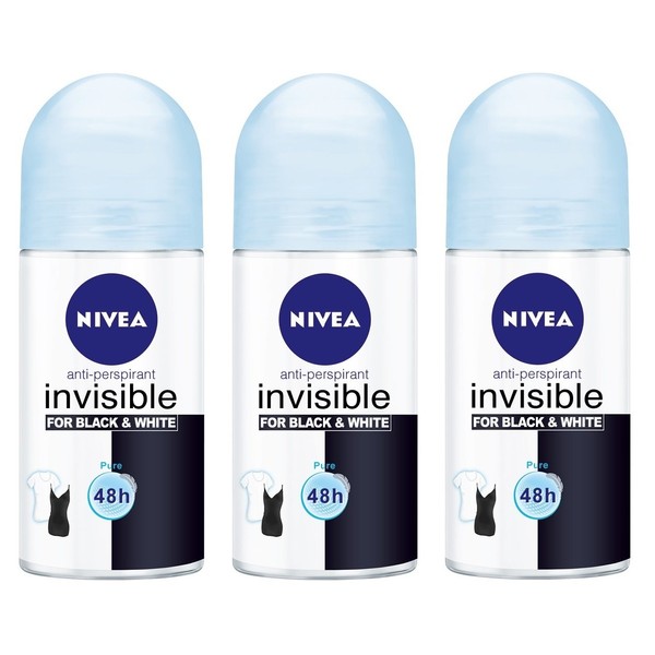 (Pack of 3 Bottles) Nivea INVISIBLE FOR BLACK & WHITE PURE Women's Roll On Anti-perspirant Deodorant (Pack of 3 Bottles, 1.7oz / 50ml Each Bottle)