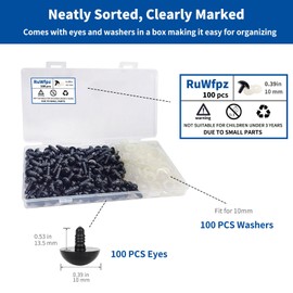 Safety Eyes for Crochet Animals Amigurumi 10 mm Pack of 100 - RuWfpz Amigurumi Eyes with Washers, Plastic Doll Eyes, Button Eyes, Teddy Eyes (Black)