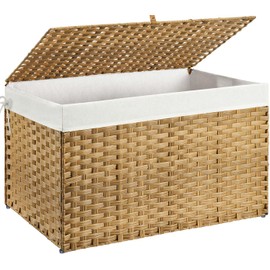 GREENSTELL Storage Basket with Lid, 42.3 Gallon(160L) Lagre Wicker Blanket Storage Basket with Handles, Foldable, 2 Removable Liner Bags, Metal Frame, for Bedroom, Laundry Room, Natural
