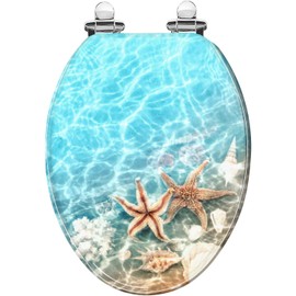 Elongated Toilet Seat coral summer beach sea water Summer Resin Toilet Seat with Quietly Close Quick Release Hinges Decorative Toilet Seat with Cover Easy to Clean and Install Beach Theme Decor