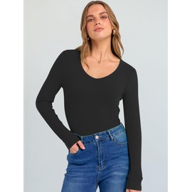 ANRABESS Long Sleeve Shirts for Women V Neck Ribbed Knit Fitted Fall Basic Tshirts Going Out Tops 2025 Casual Trendy Clothes Black Small