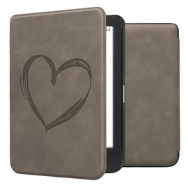 kwmobile Case Compatible with Kobo Clara BW/Clara Colour/Tolino Shine (5) / Shine Colour Case - Faux Leather Cover - Heart Brush Grey