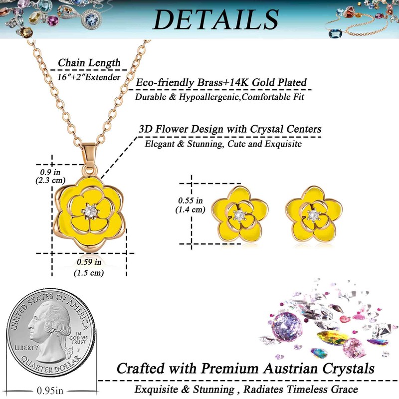 EVEVIC Dainty Flower Pendant Necklace Earrings for Women 14K Gold